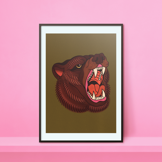 Trad Brown Bear A4 Print
